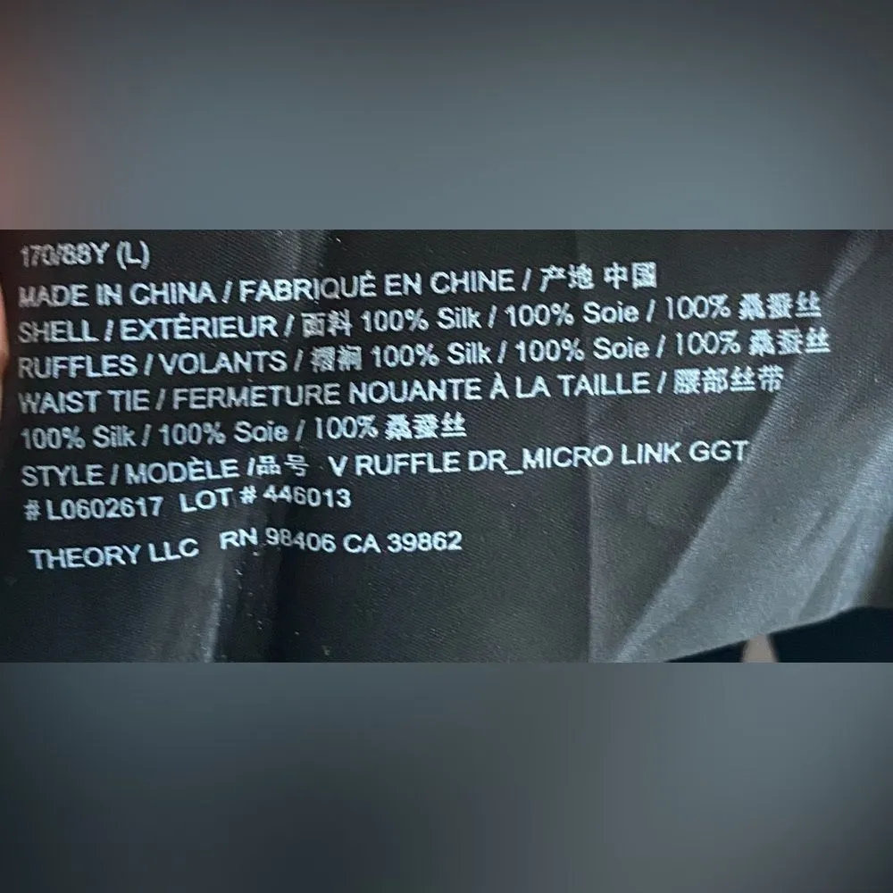 THEORY V-Neck Midi 100% Silk Navy Microlink Pattern Georgette Dress Large L - Image 8