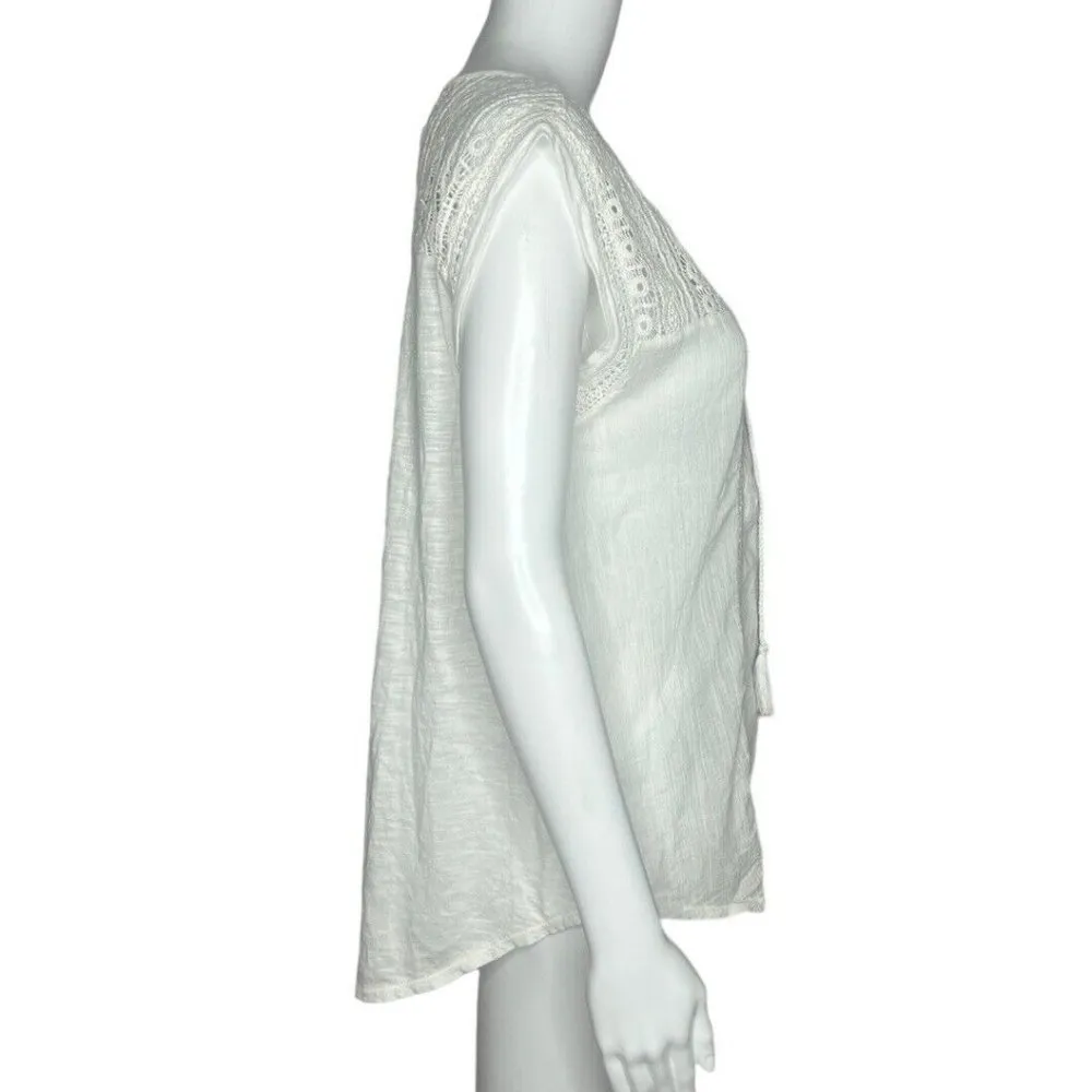 Lucky Brand Blouse Women's Medium White‎ Crochet Tassels Boho Chic Bohemian - Image 2