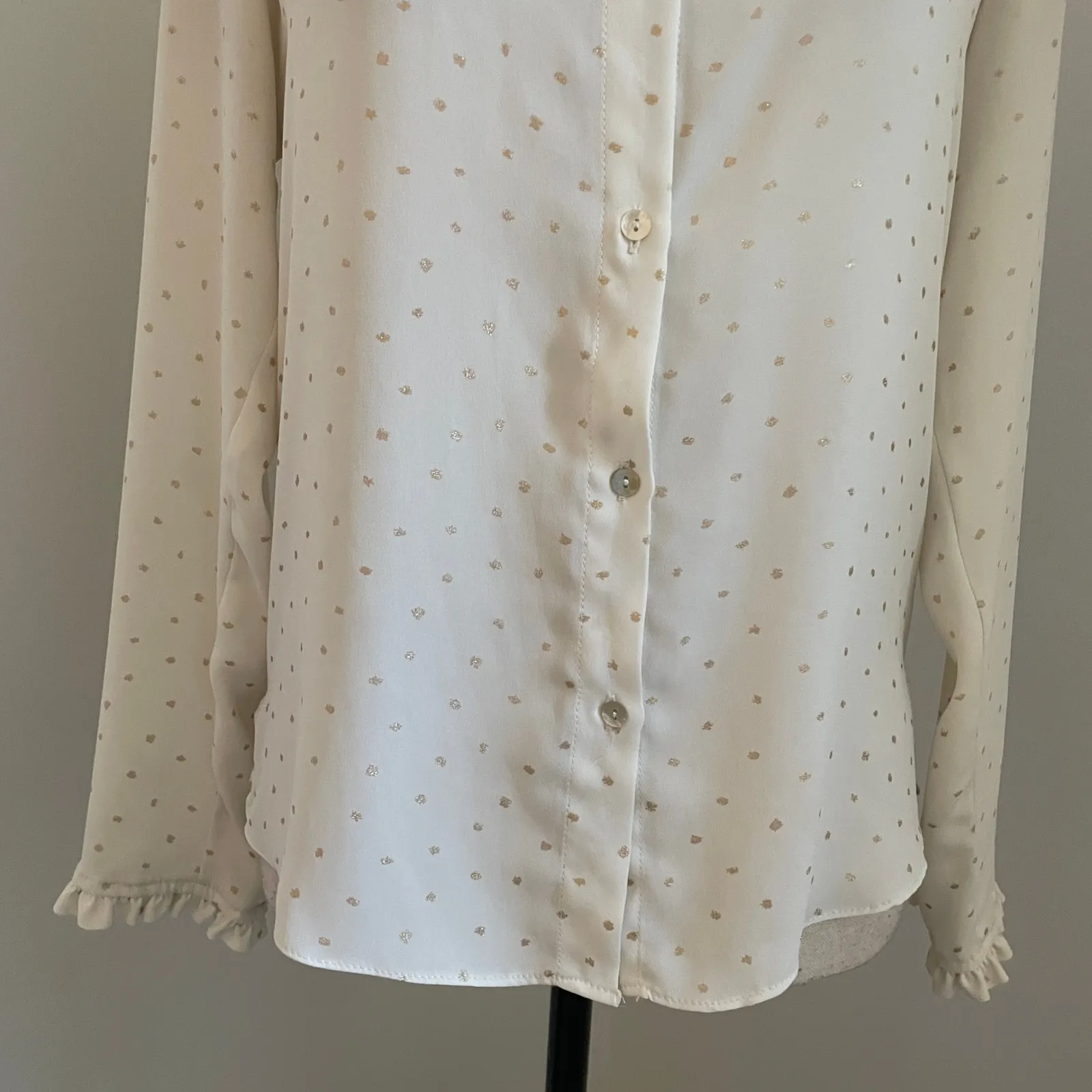 ZARA Cream Metallic Dot Print Button Up Collared Shirt size XS Blouse Soft Girl Gold - Image 12