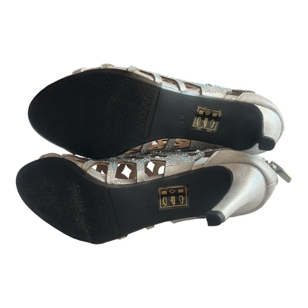 J Renee Women's Mcwayfalls Caged Sandal Shootie Silver Satin Rhinestones Size 6M - Image 6