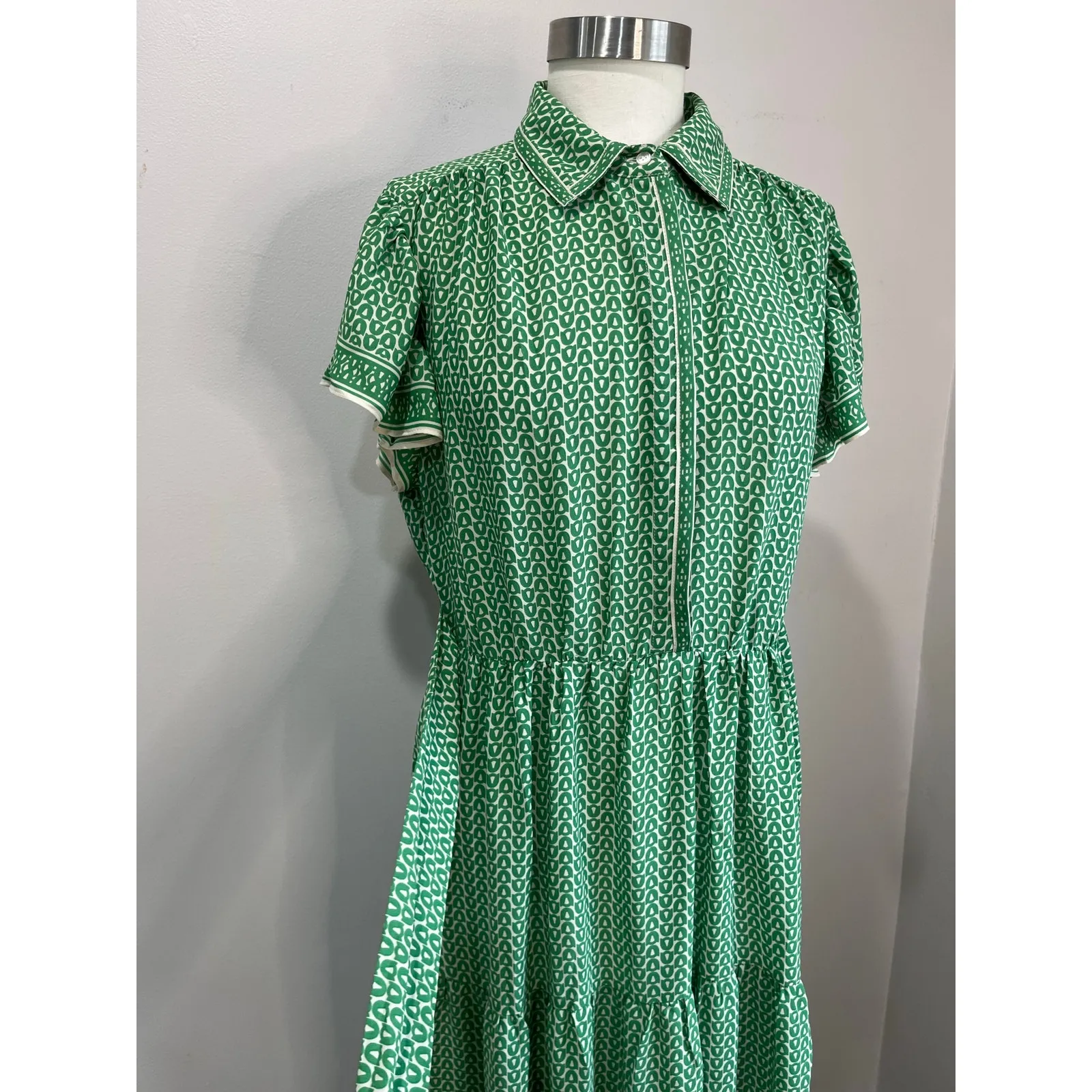 Max Studio London Green Geo Print Tie Waist Shirt Midi Dress Short Sleeve Size L - Image 8
