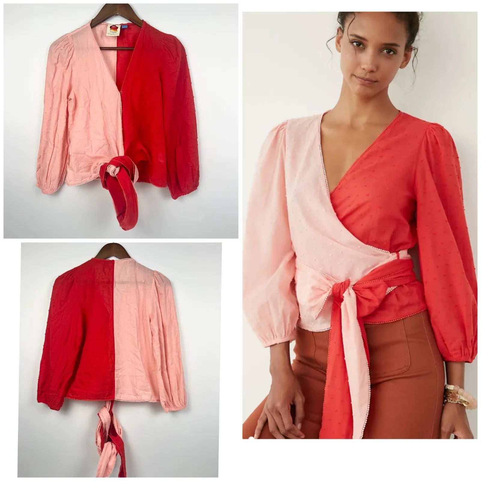 Anthropologie Farm Rio Pink Red Colorblock Wrap Blouse XS Cotton Swiss Dot Puff - Image 6