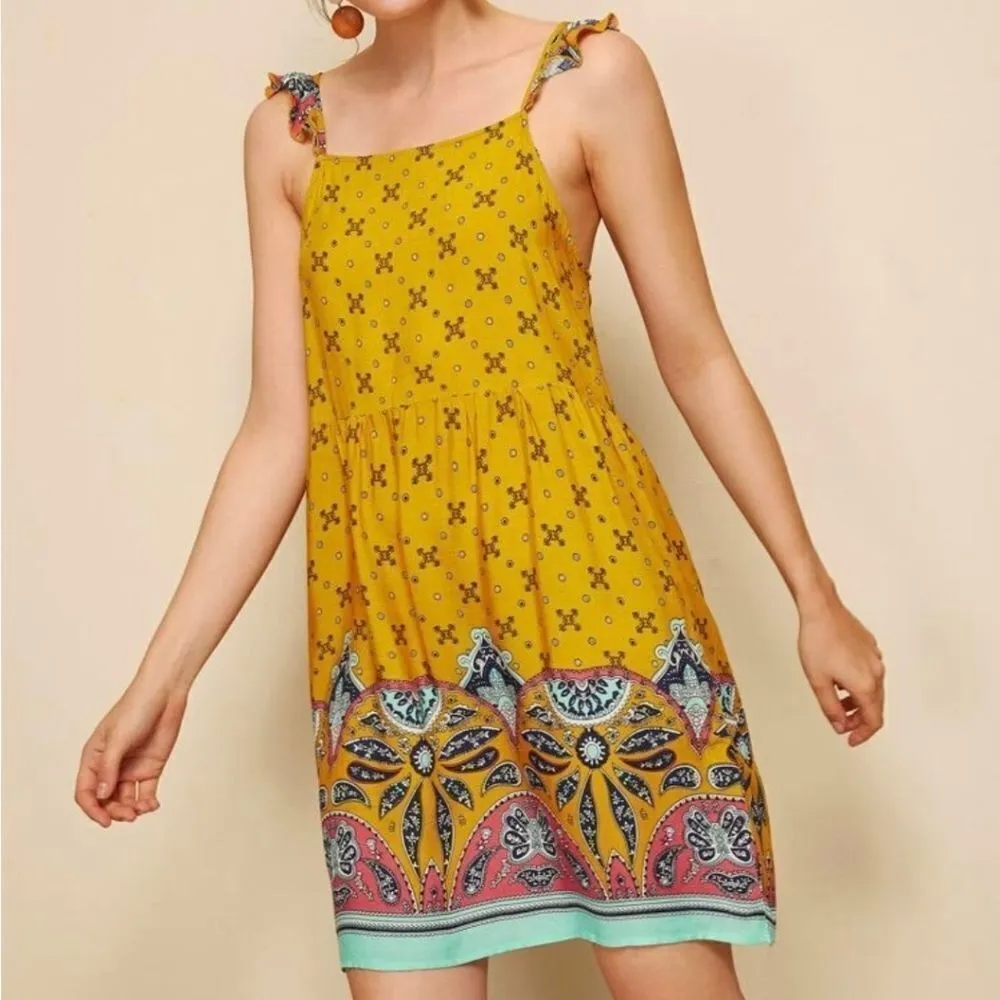 Shein Burnt Yellow Patterned Bohemian Dress (S) - Image 3
