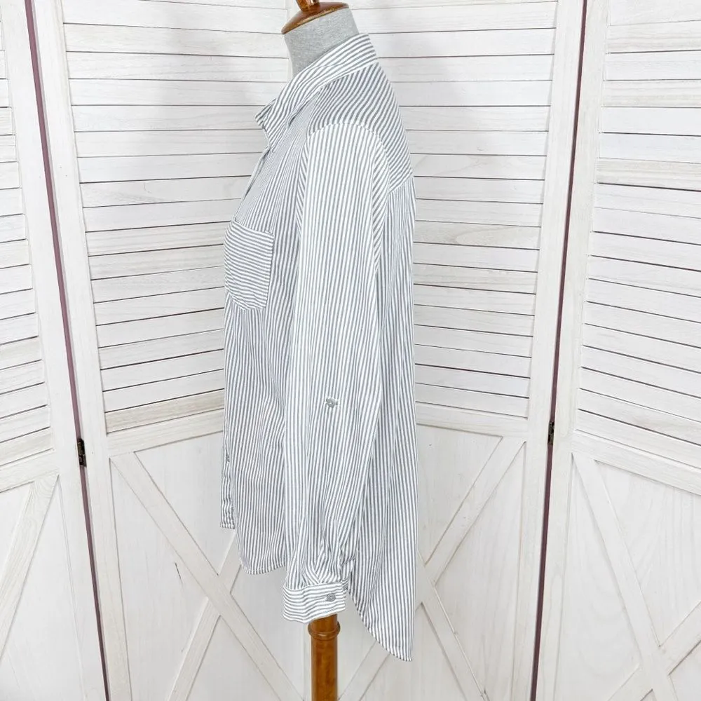 Eden & Olivia Striped Knit Button Up Long Sleeve Shirt Grey White Large - Image 2