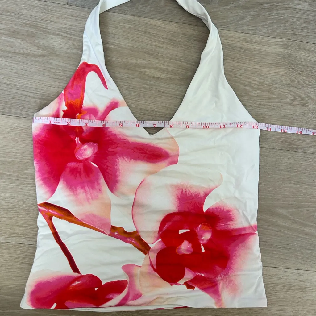 Supré Pink Orchid Print Halter Top – Size Small White - Image 4