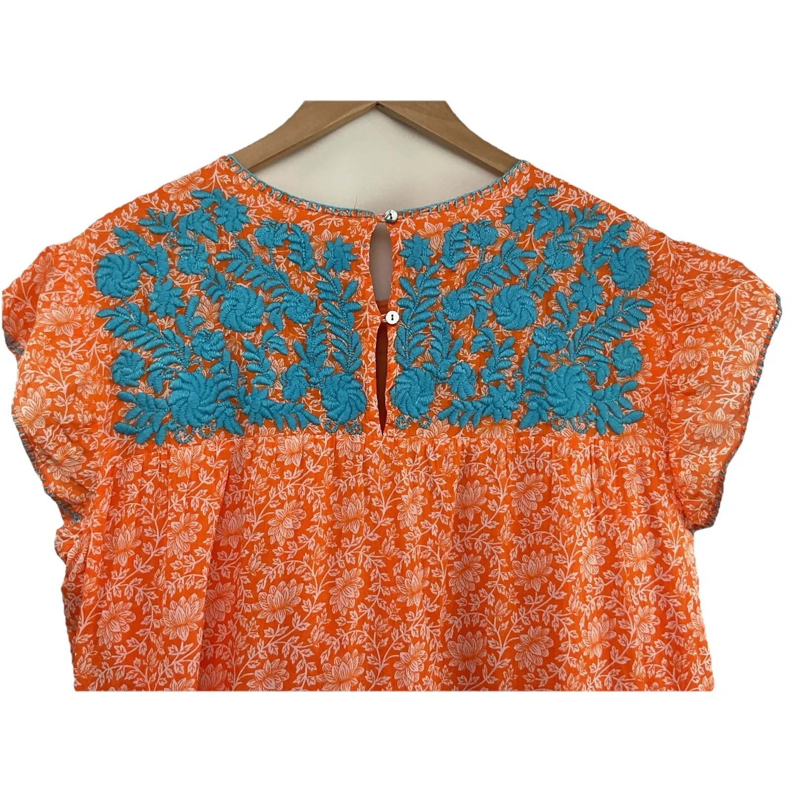 Sister Mary SZ Large blue embroidered bib vibrant floral orange midi dress - Image 7