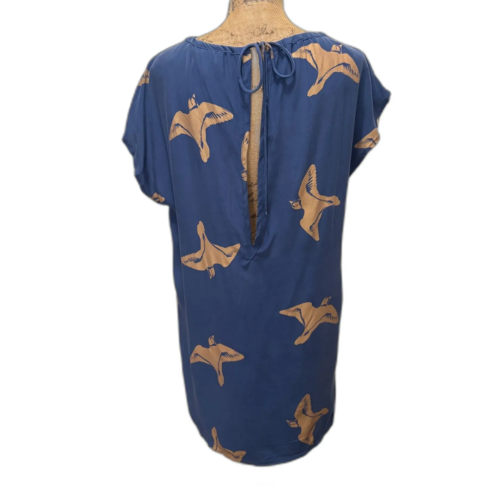 Koch 100% Silk Dolman Mini Dress Blue Gold Bird Novelty Print Twee Size‎ Medium - Image 2