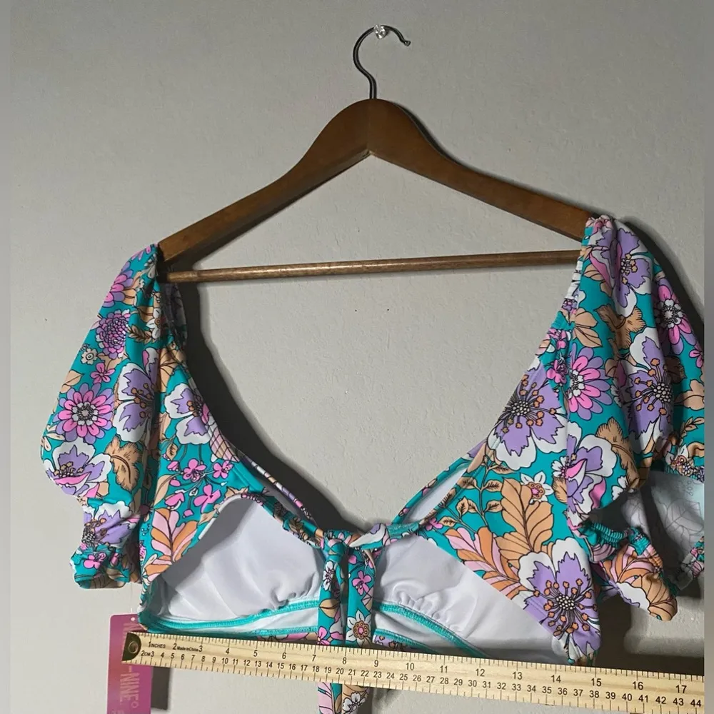 New Junior’s XXL Teal Floral Colorful Bright Puff Sleeve V neck Swim top Size undefined - Image 7