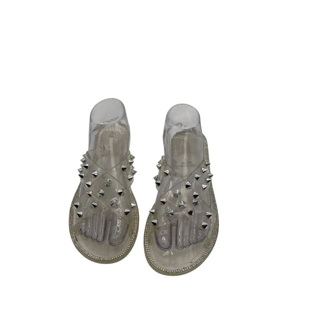 Wide Diva Lounge 8 Clear Jelly Slide Silver Studs Rhinestone Trim Footwear - Image 7