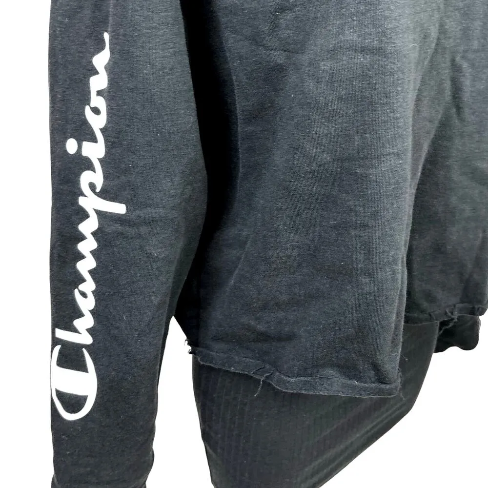 Champion Womens Black Cropped Distressed Long Sleeve Hooded Sweatshirt Sweater L - Image 4