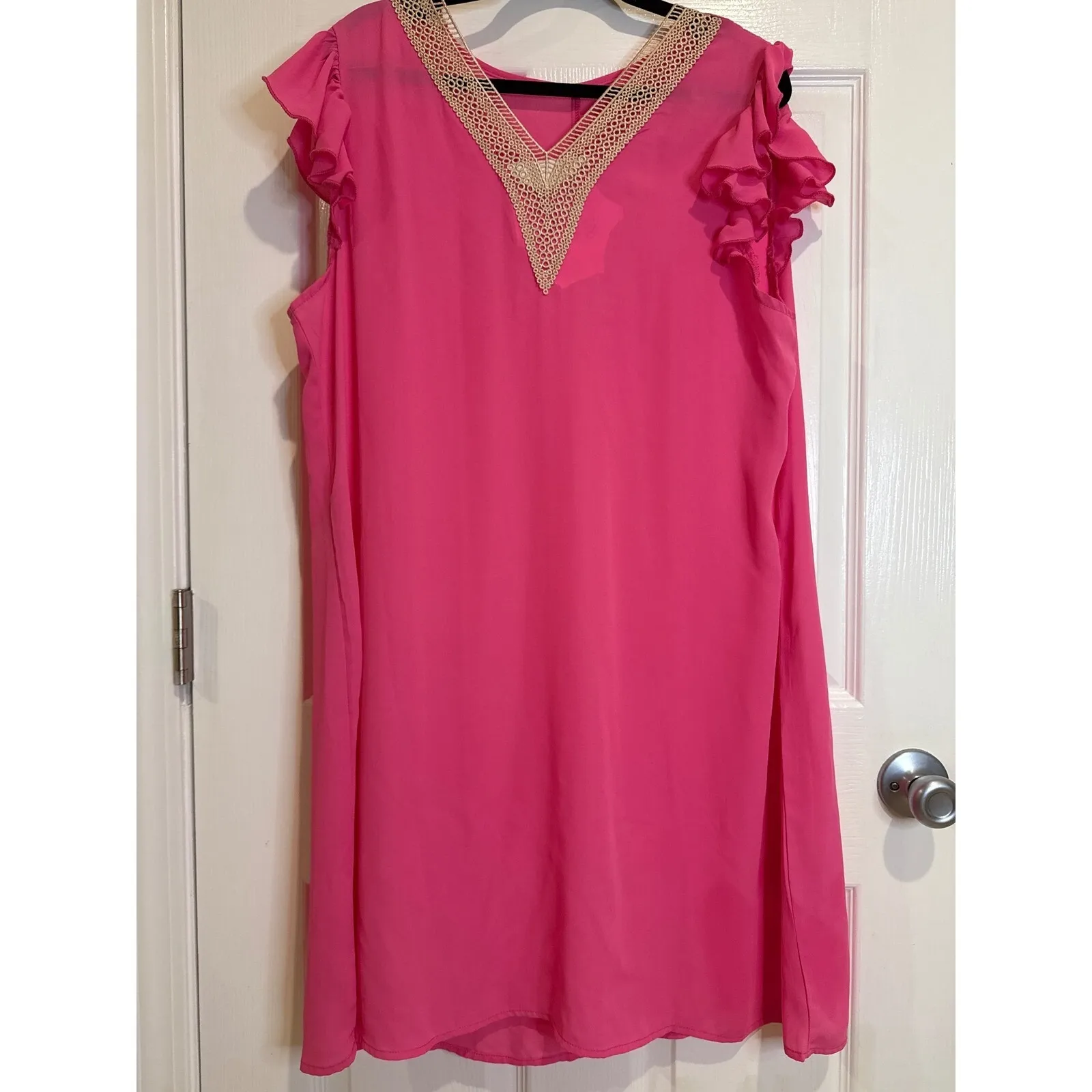 Shein Curve Pink Dress Ruffle Sleeve Crochet‎ Trim Casual Summer 1XL - Image 5
