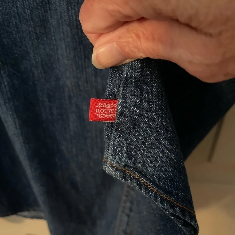 Route 66 Y2K denim embroidered 3/4 sleeve Pearl snap shacket. - Image 6