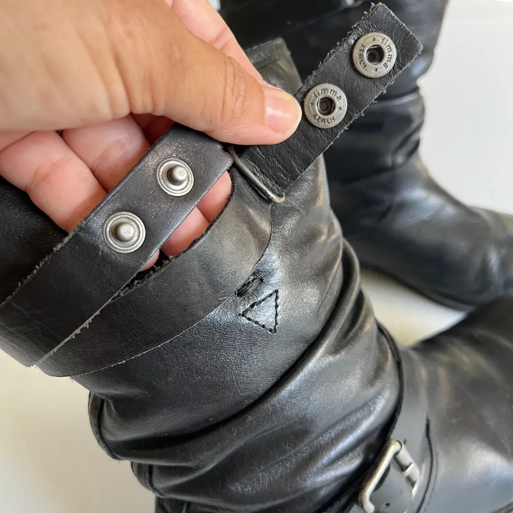 ERIC MICHAEL Sz 39 Laguna Mid Calf Black Leather Boots Moto Pull On - Image 4