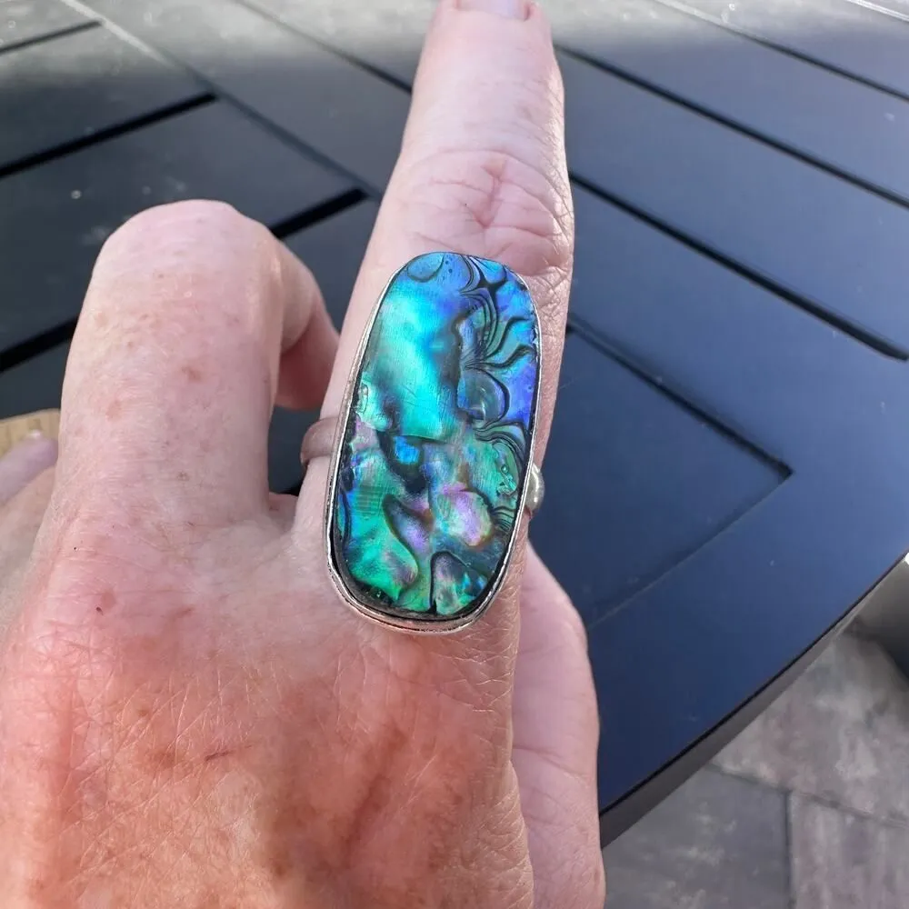 Abalone Shell Sterling Silver Plated Ring – Size 13 Statement Jewelry - Image 9