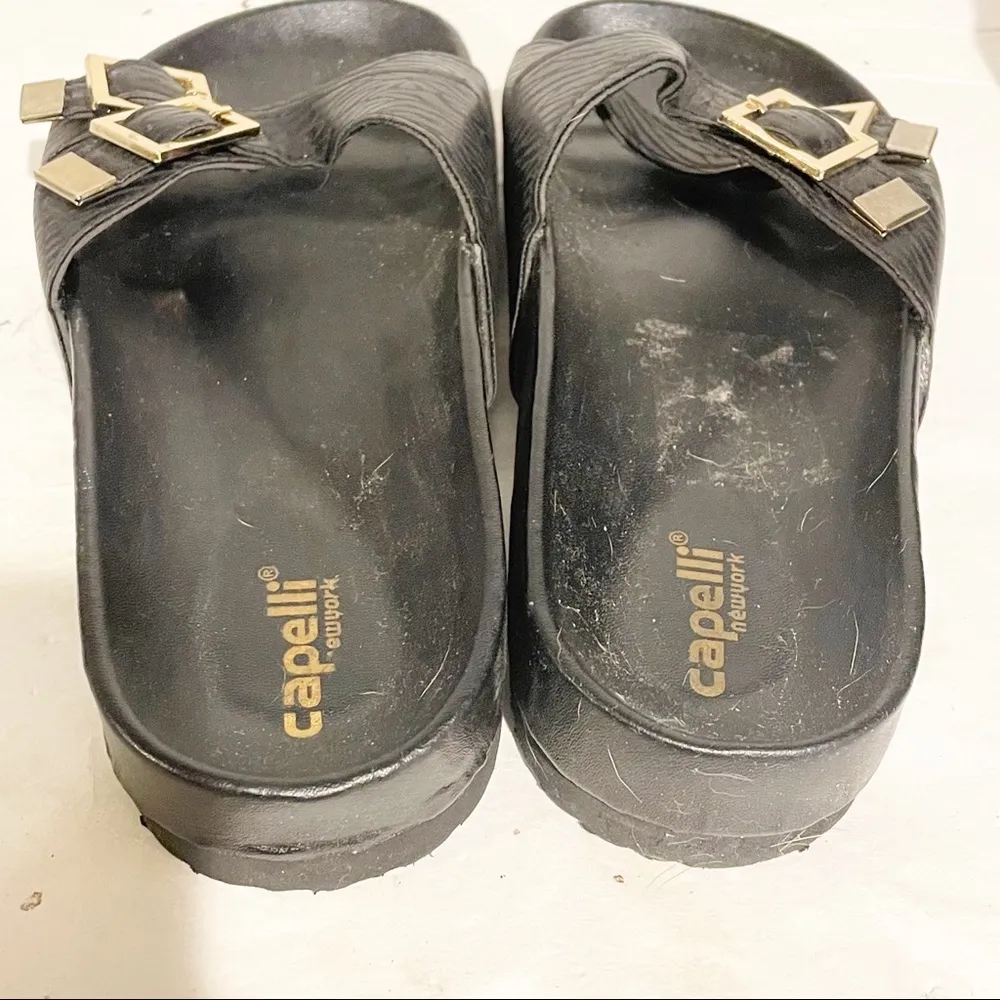 Capelli Size 7 Black Gold Double Buckle Slide Sandal - Image 4