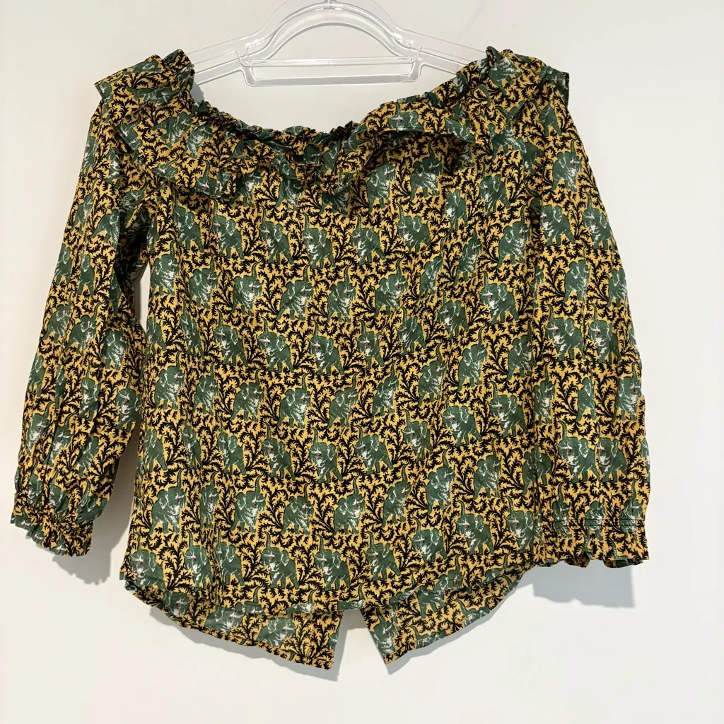 J Crew Ratti Elephant Print‎ Off-the-Shoulder Ruffle Top Gold Green Size 4 - Image 3