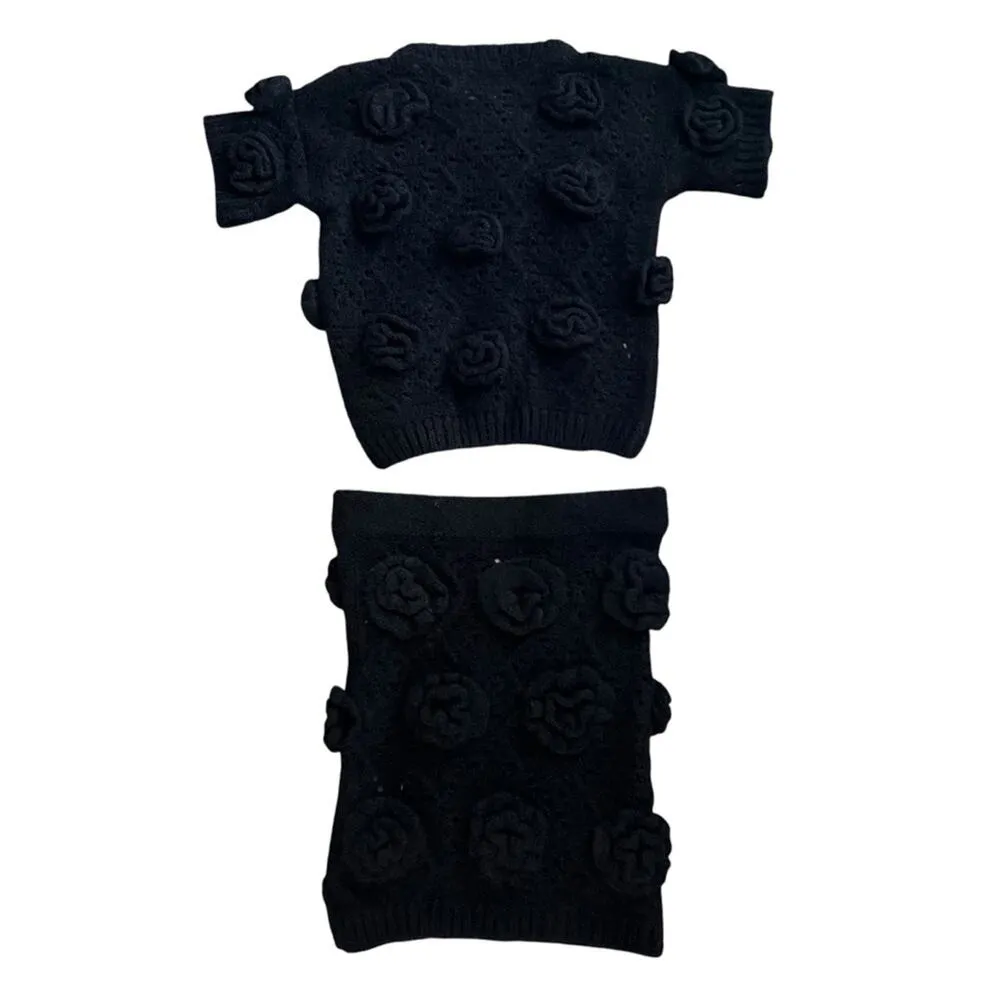 Tach Clothing Women’s Polina Top Elena Crochet Knit Skirt Set Black Rosettes S - Image 6
