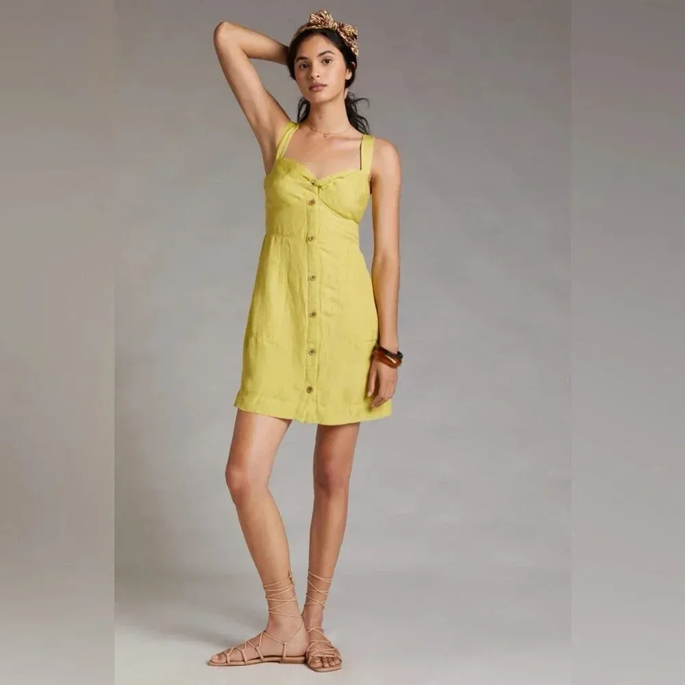 Anthropologie Maeve Yellow Linen Blend Twist Front Dress Size XL - Image 8