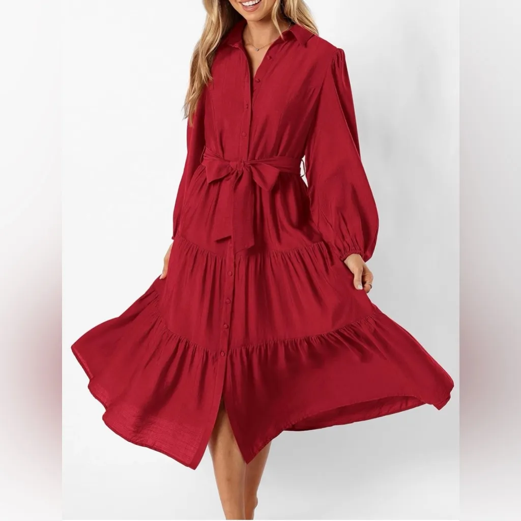 NEW Red Long Sleeve V Neck Button Down Tiered Flowy Aline Midi Dress L NO BELT Size L - Image 7