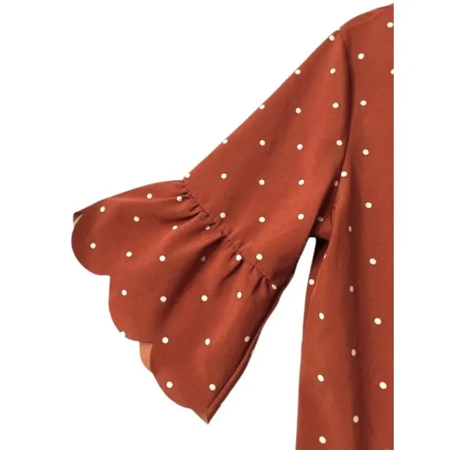 Tickled Teal Burnt Orange Polka‎ Dot Dress Ruffle Sleeve Twee Playful Longhorns - Image 7