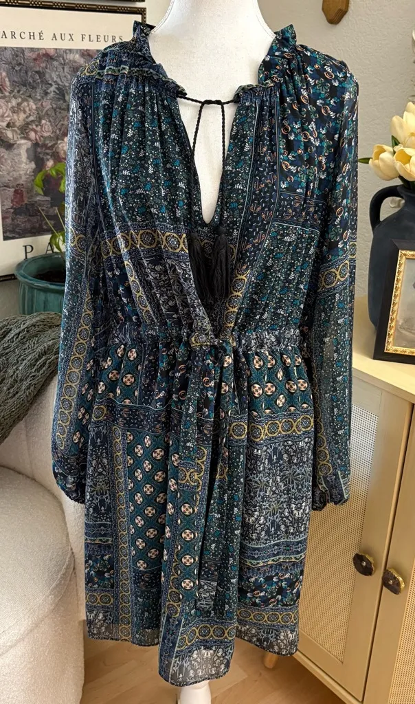 MISA LOS ANGELES Navy Paisley Short Dress Long Sleeves Boho Fall Size Small - Image 1