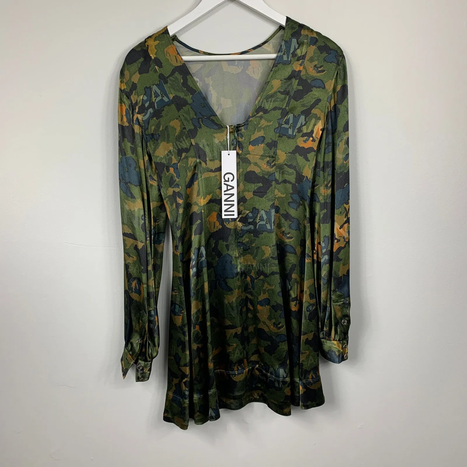 Ganni Satin Green Camo Print Long Sleeve A-Line Mini Dress - Image 11