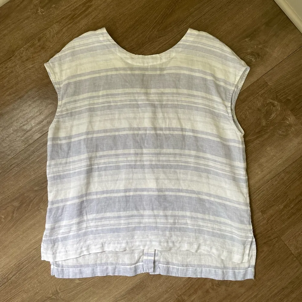 Linen Striped Blouse Tunic Blue White Coastal Button Detail In Back ~ Size XL - Image 3