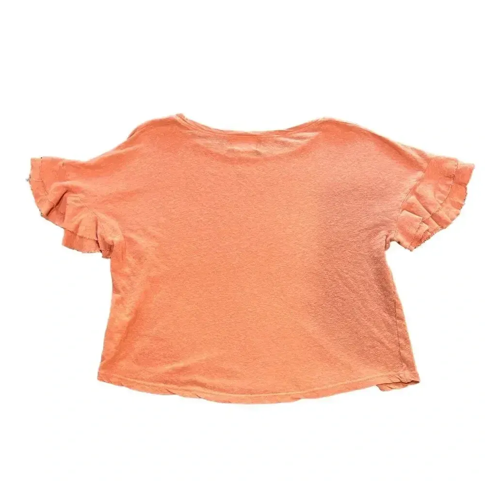 Anthropologie t.la Pink‎ Women's XXS Cropped Ruffle Flutter Sleeve Hemp Tee Pink - Image 4