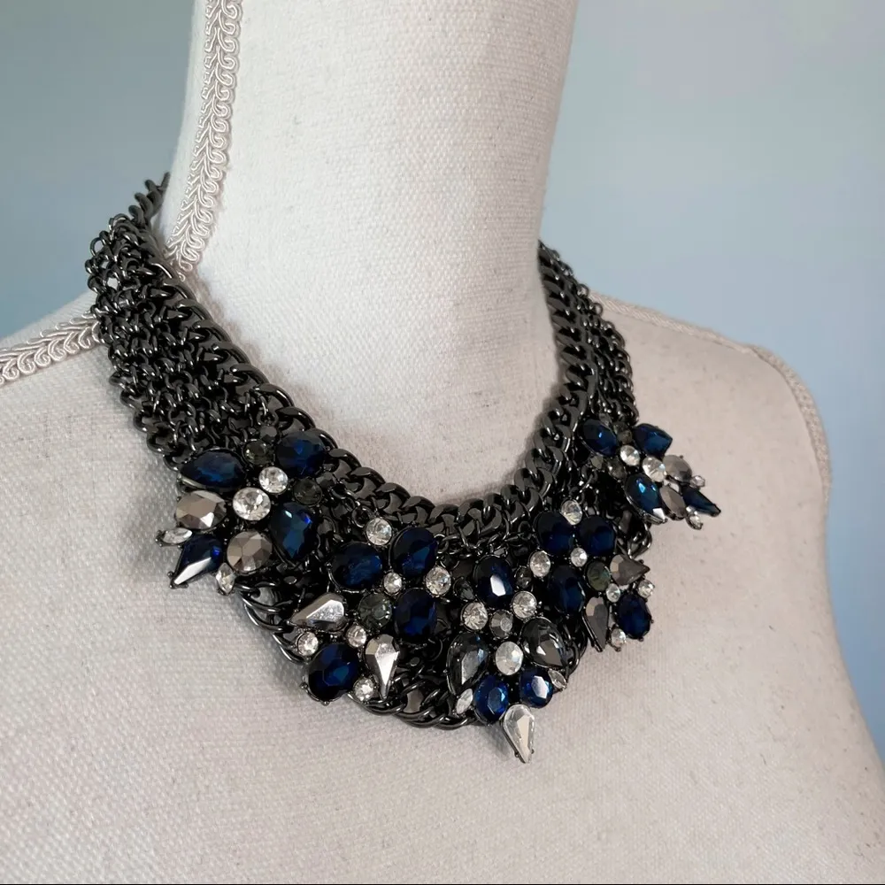 GUESS | Chainlink Blue & Black Rhinestone Embellished Statement Necklace - Image 3