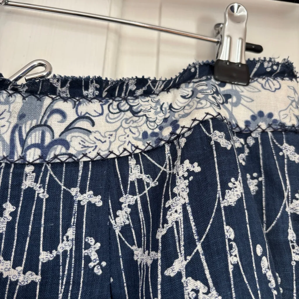 Elie Tahari Navy and White Floral Chambray A-Line Skirt 100% Linen Size 10 - Image 14