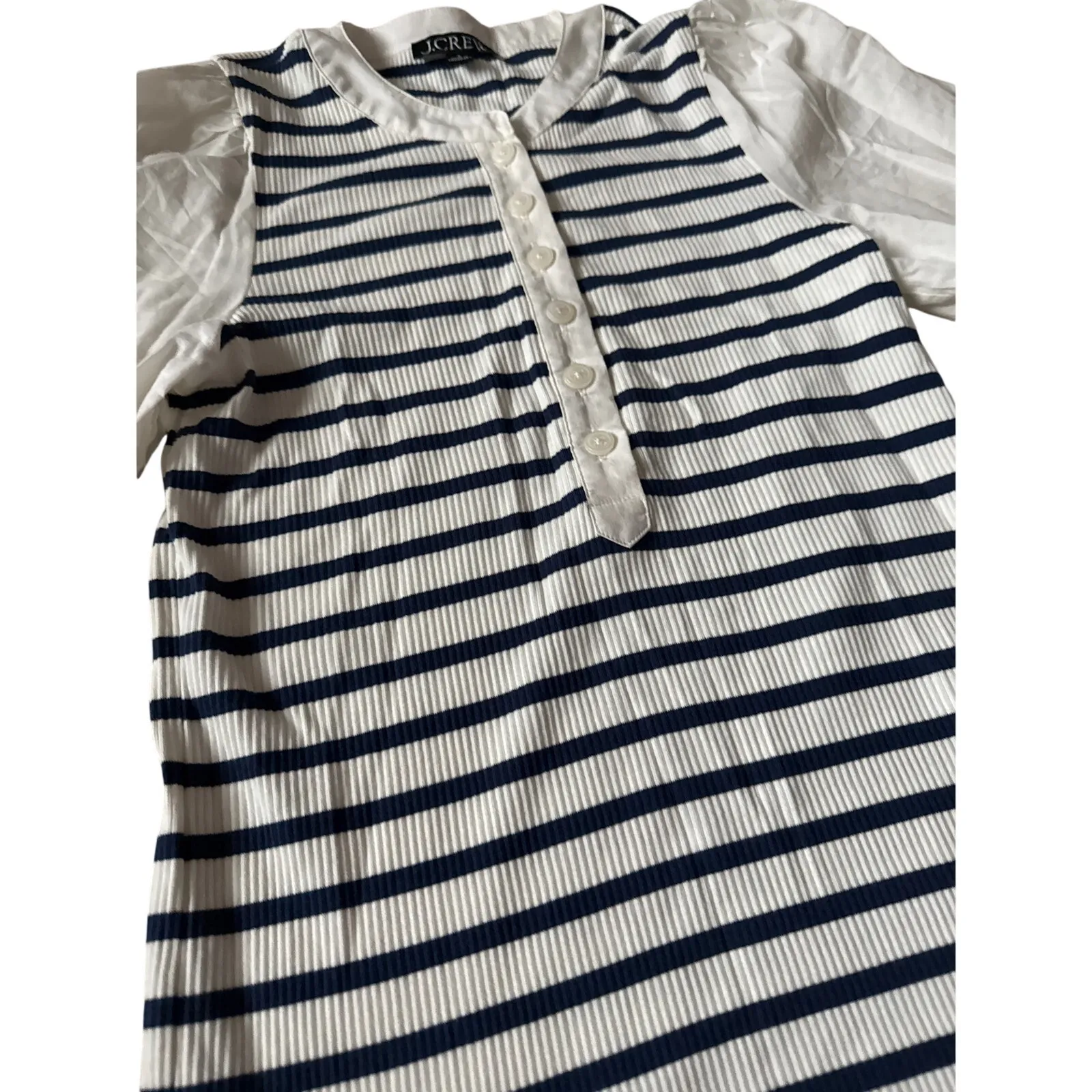 J. Crew Vintage Rib Puff Sleeve‎ Henley Top White Blue Size Small - Image 6