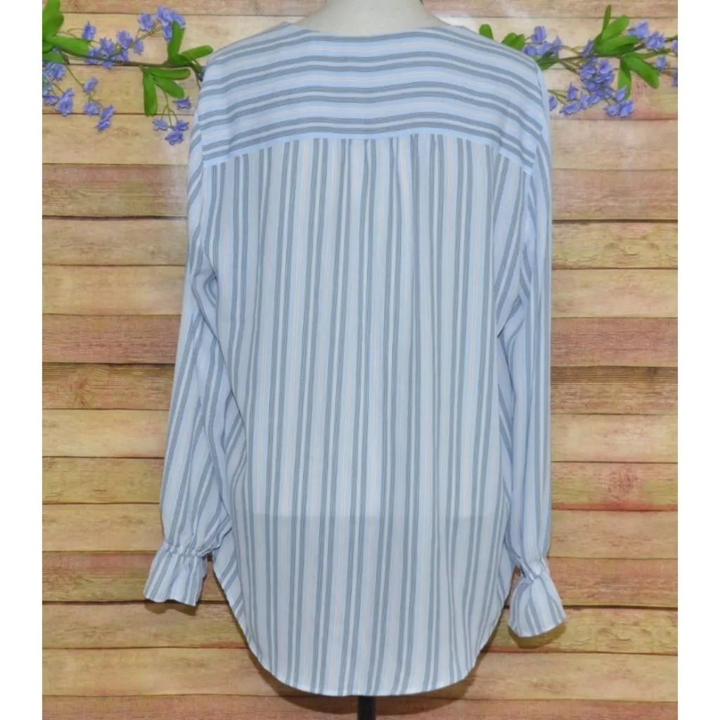 Tahari Ladies Blue Striped Button Front V-Neck Blouse XL Long Bell Sleeves Tunic - Image 8