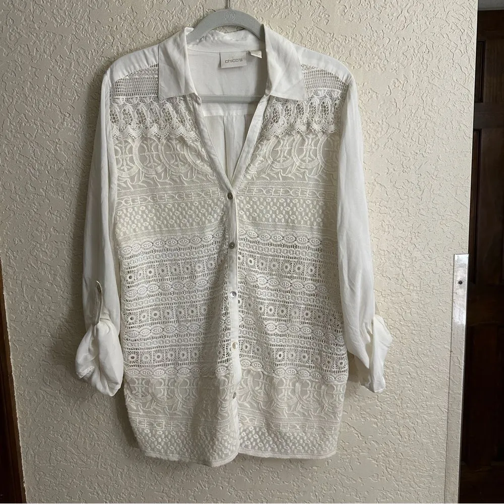 Chico’s Adelaide Crochet Button-Down Blouse 3 Ecru Lace Feminine‎ Women's XL - Image 2