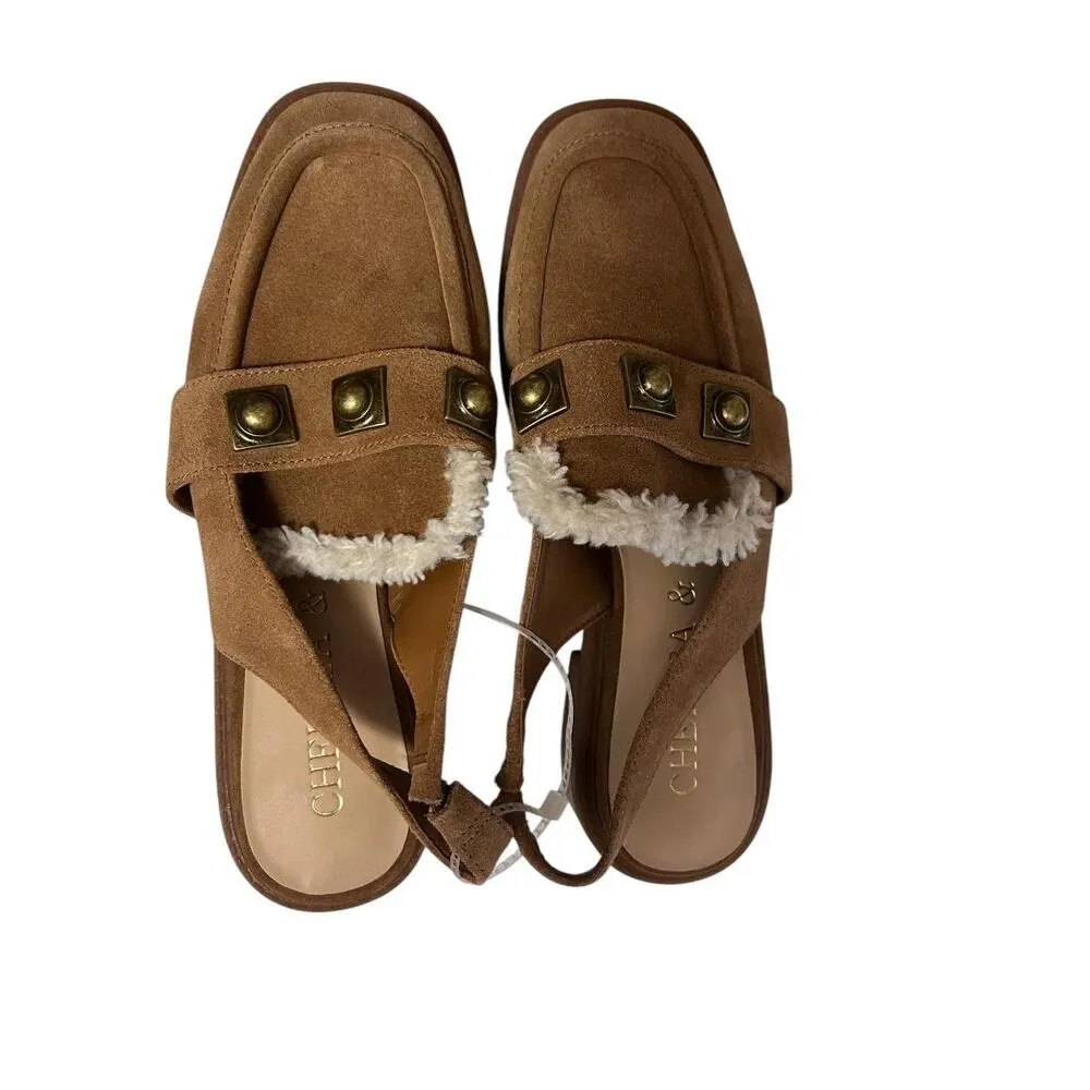 Chelsea And Violet Slingback Loafer Womens 7.5 Tan Suede Faux Fur Stud Flats - Image 5