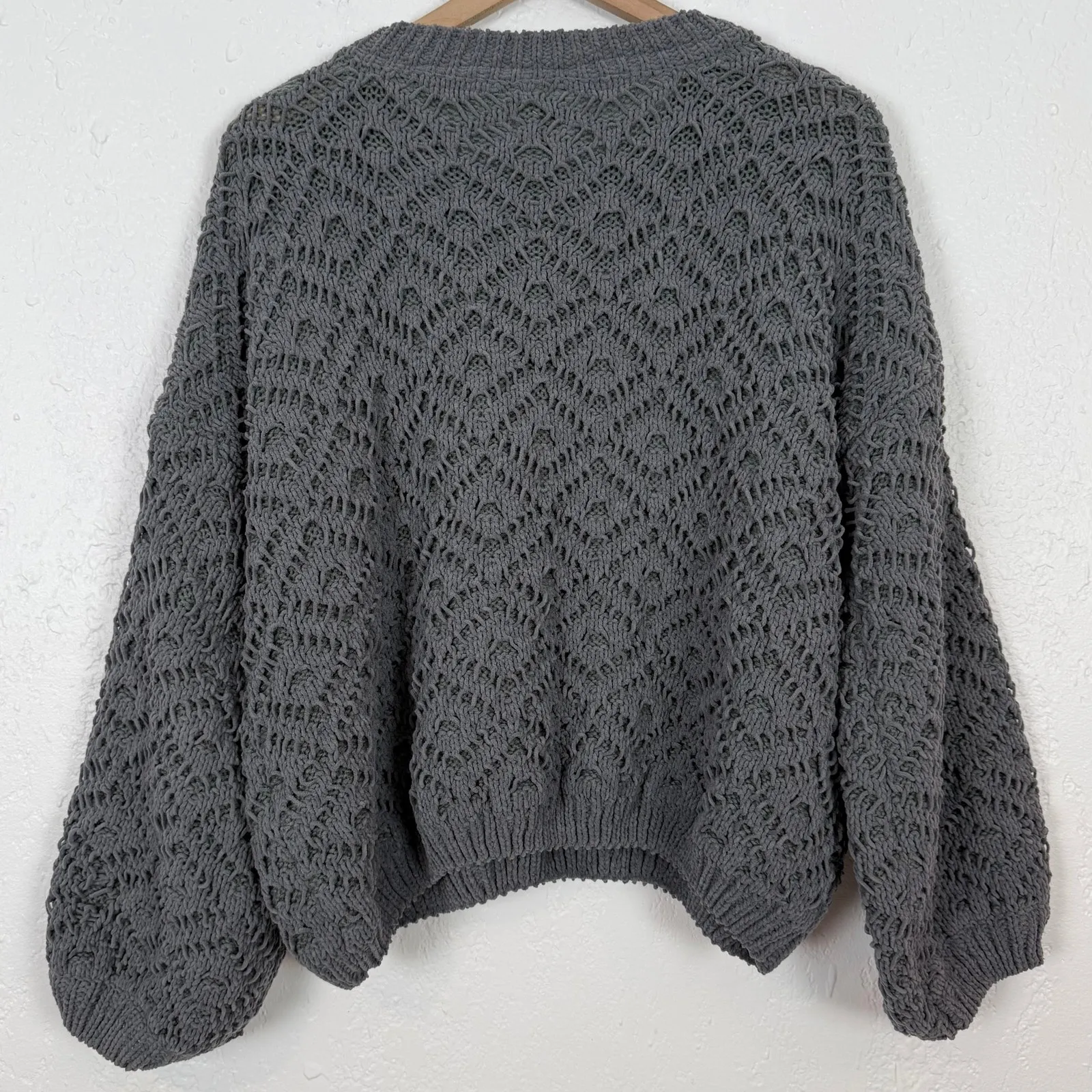 POL Textured Open Knit Balloon Sleeve Pullover Sweater Oversized Chunky Medium - Image 2