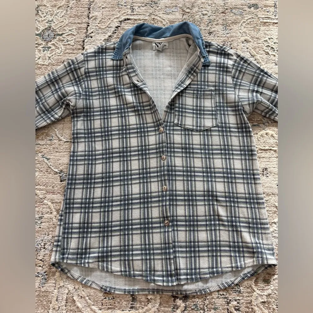 NY Jeans Vtg  Plaid Denim‎ Button Down Jacket Size Small 90s 80s Grunge Retro - Image 2