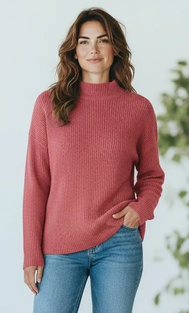 Vintage Jeanne Pierre Pink Knit Cotton Mock Turtleneck Sweater M Medium - Image 1