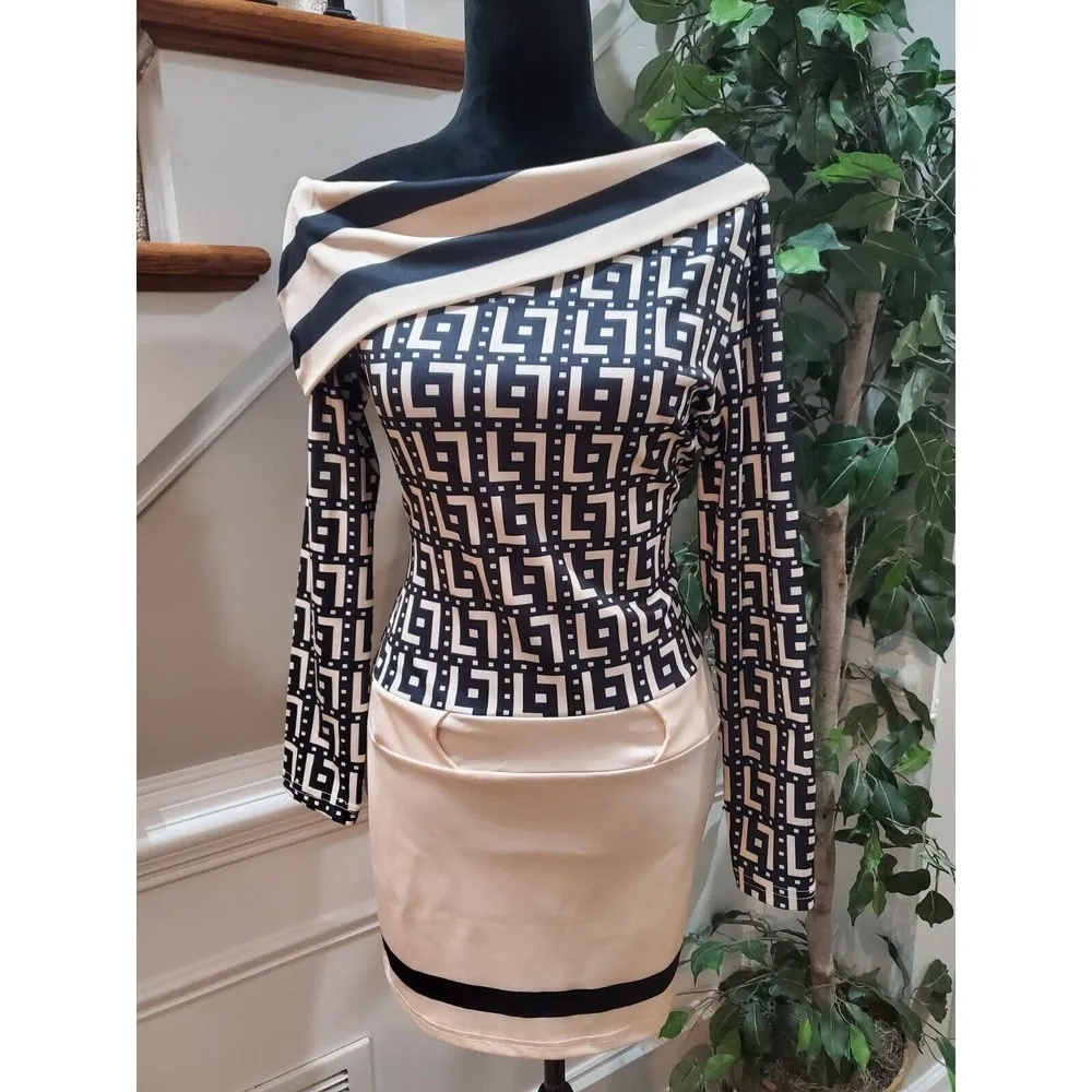 Chicme Beige Black Turn Down Collar Long Sleeve Casual Knee Length Dress Size M Size M - Image 8