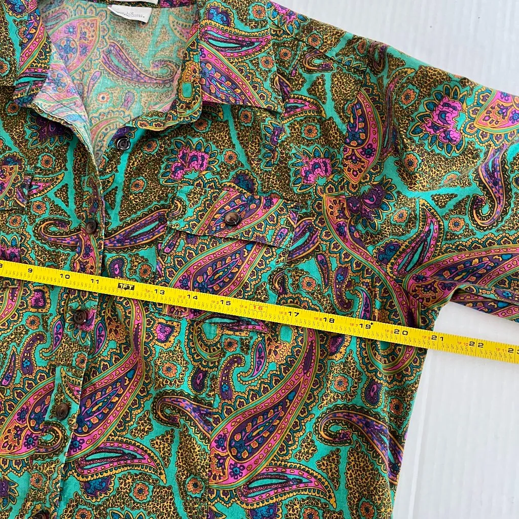 Van Heusen Sz L Button Front Blouse Top Funky Green Paisley Pockets Shirt - Image 6