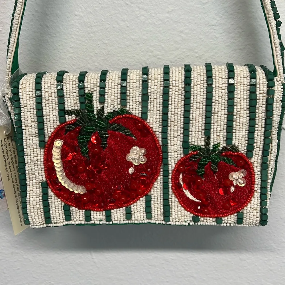 Handcrafted In India | Beaded Tomato Bag Green - Image 2