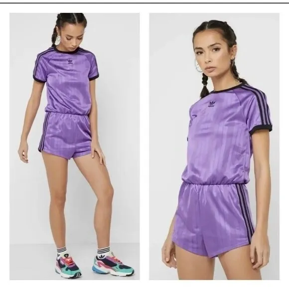 Adidas Purple With Black Three Stripes Short Sleeve Romper/Jumpsuit Size M Size M - Image 2