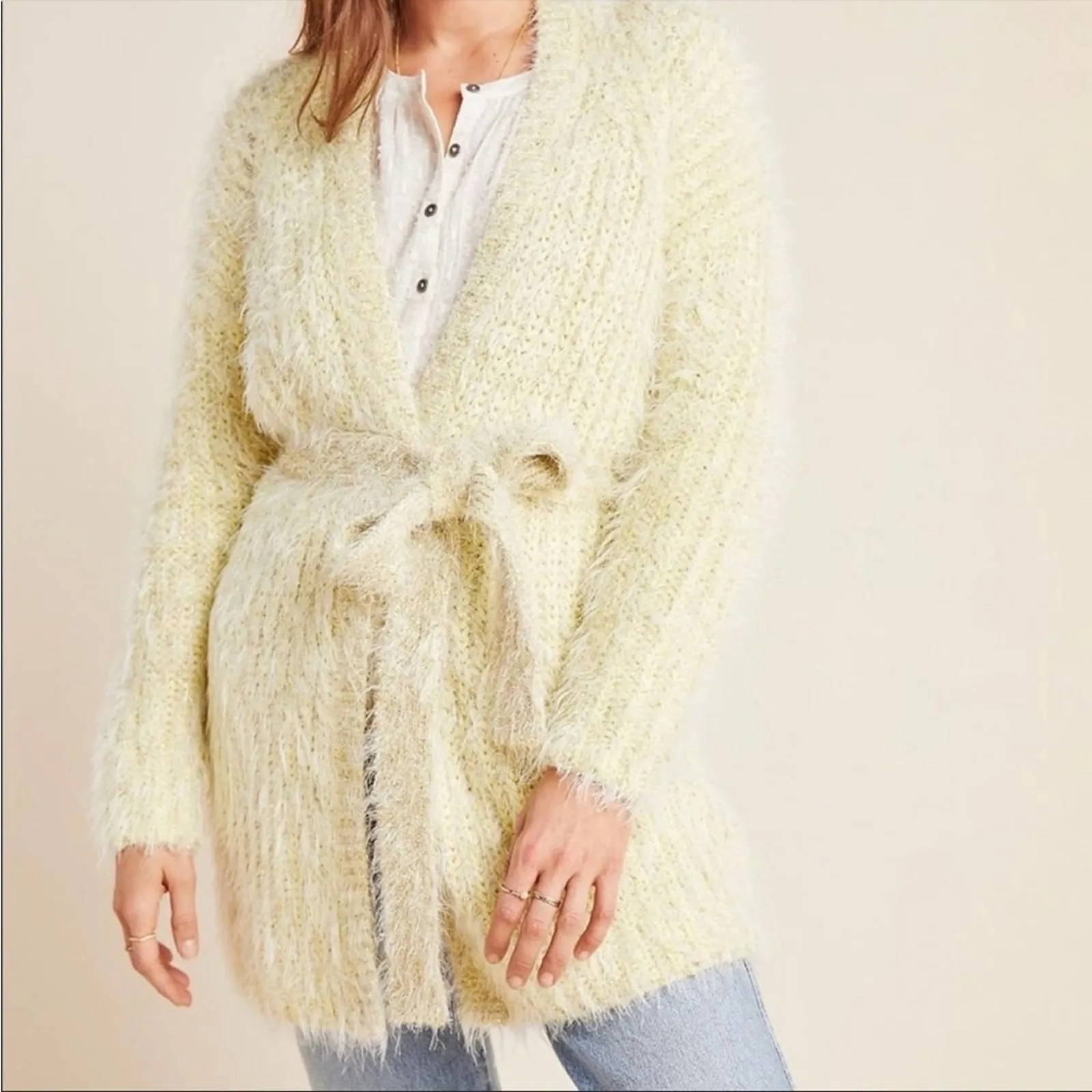 Anthropologie Yellow Larkin Shimmer Belted Cardigan Small Long Sleeve NEW - Image 3