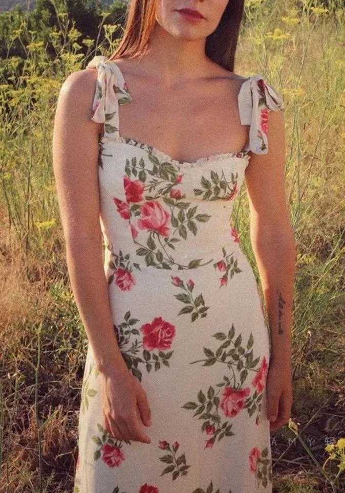 Rihoas Floral Prints Strap Tie Ruffle Hem vintage Dress Red Size M - Image 6