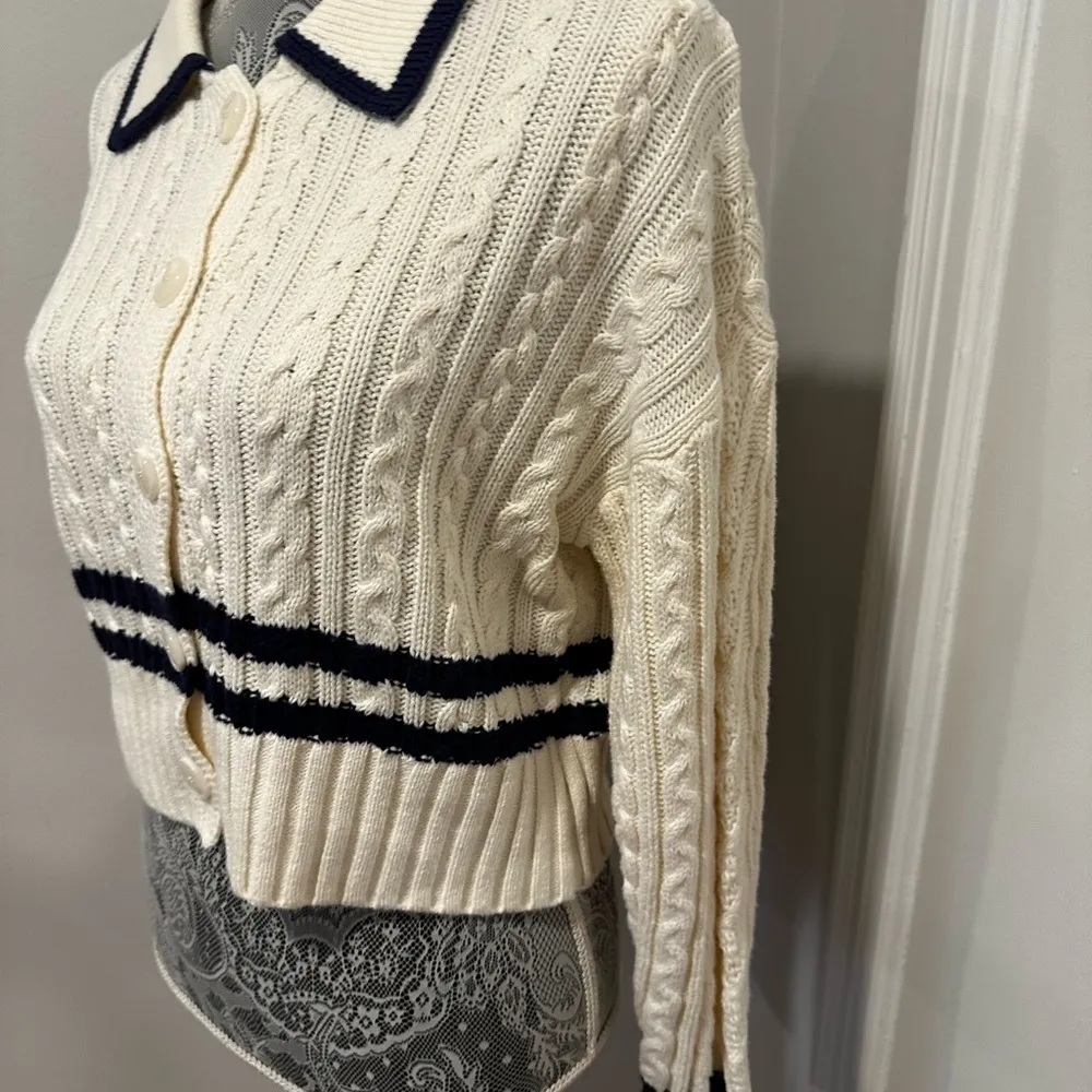 NWT Pink Rose Preppy Cream & Navy  Cable Knit Collared Cardigan. Ribbed Hem. S - Image 15