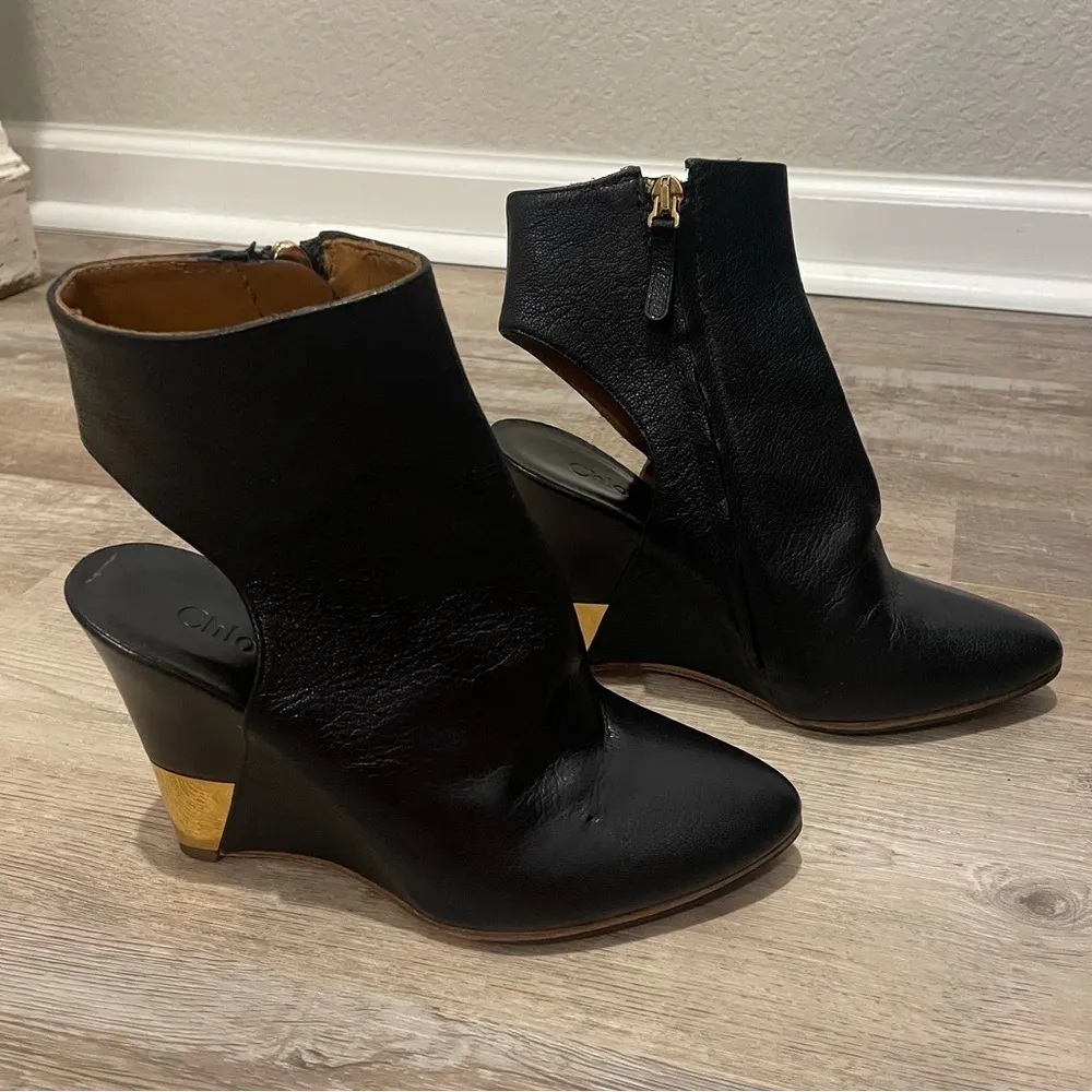Chloe Open Back Wedge Boot in Black Leather with Gold Accents - Image 3
