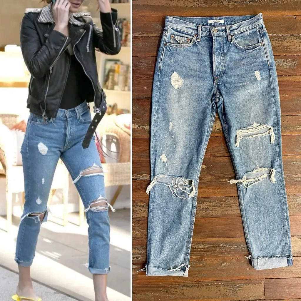 GRLFRND Karolina High Waisted Distressed Frayed Raw Hem Mid Wash Jeans Sz 26 🧡🎀 - Image 2