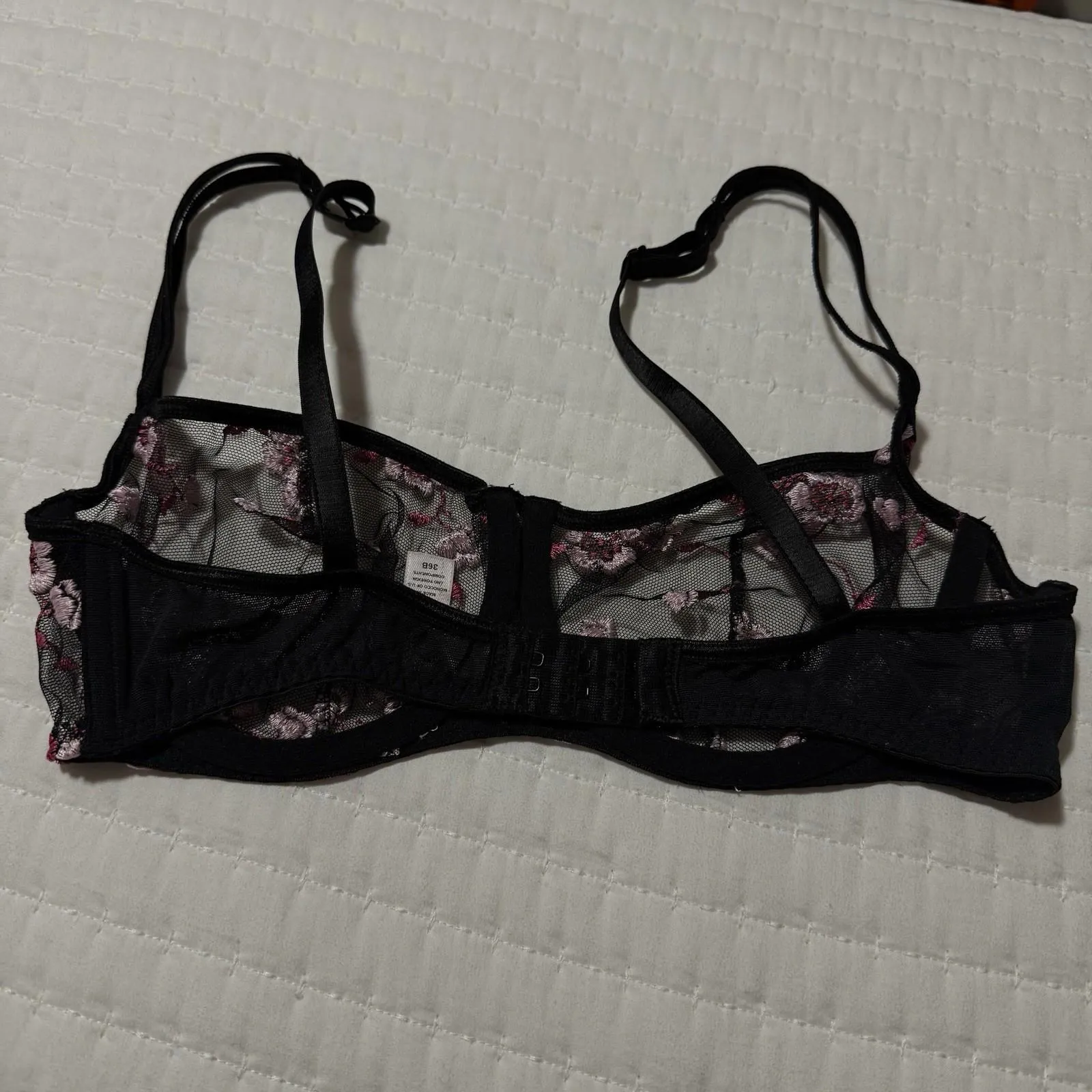 Victoria’s Secret Unlined Sheer  Bra 36B Black Pink Flower Embroidery Underwire - Image 2