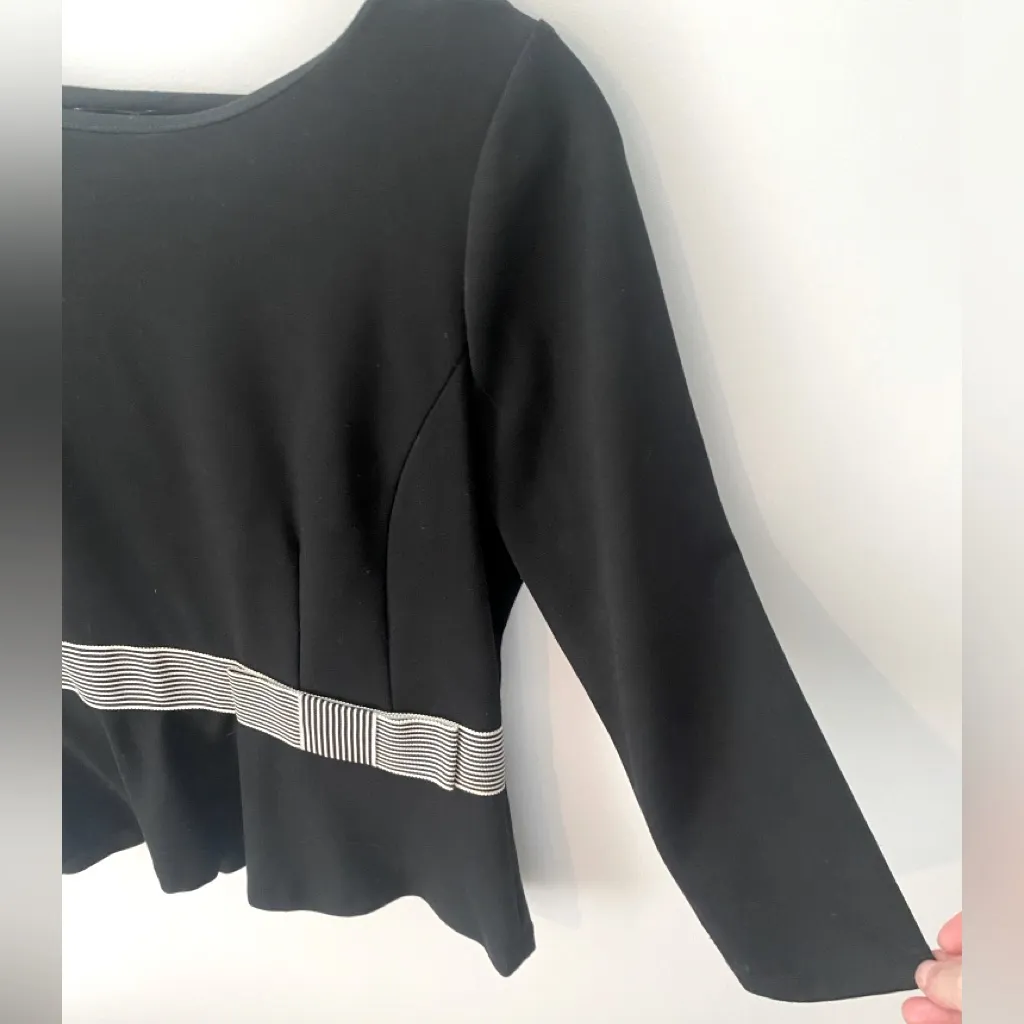 Ann Taylor Peplum Hem Blouse Womens Large Black & White Belted Bow Retro Preppy - Image 3