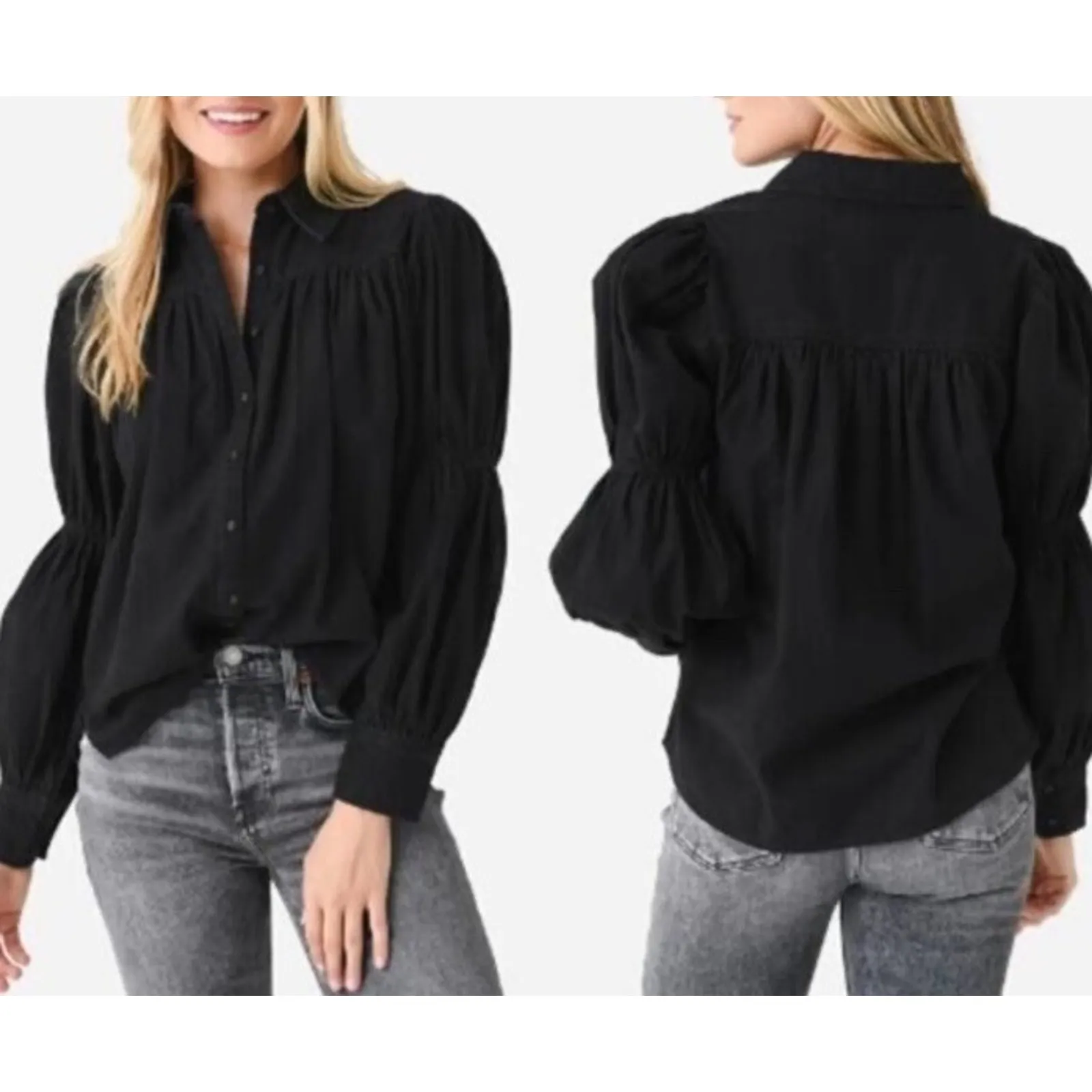 Cleobella Blakely Blouse M Black Puff Sleeve Button Down Boho Cotton Top - Image 3