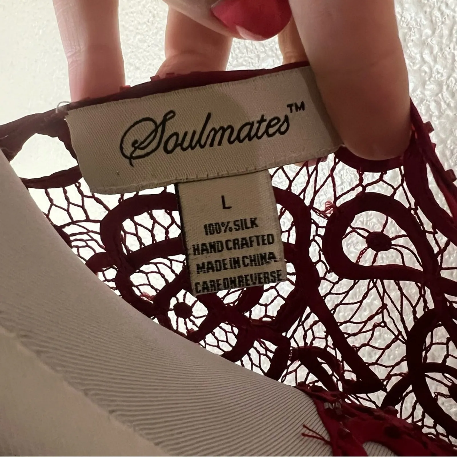 Soulmates red floral lace silk beaded hand crocheted maxi dress & jacket SET L - Image 8